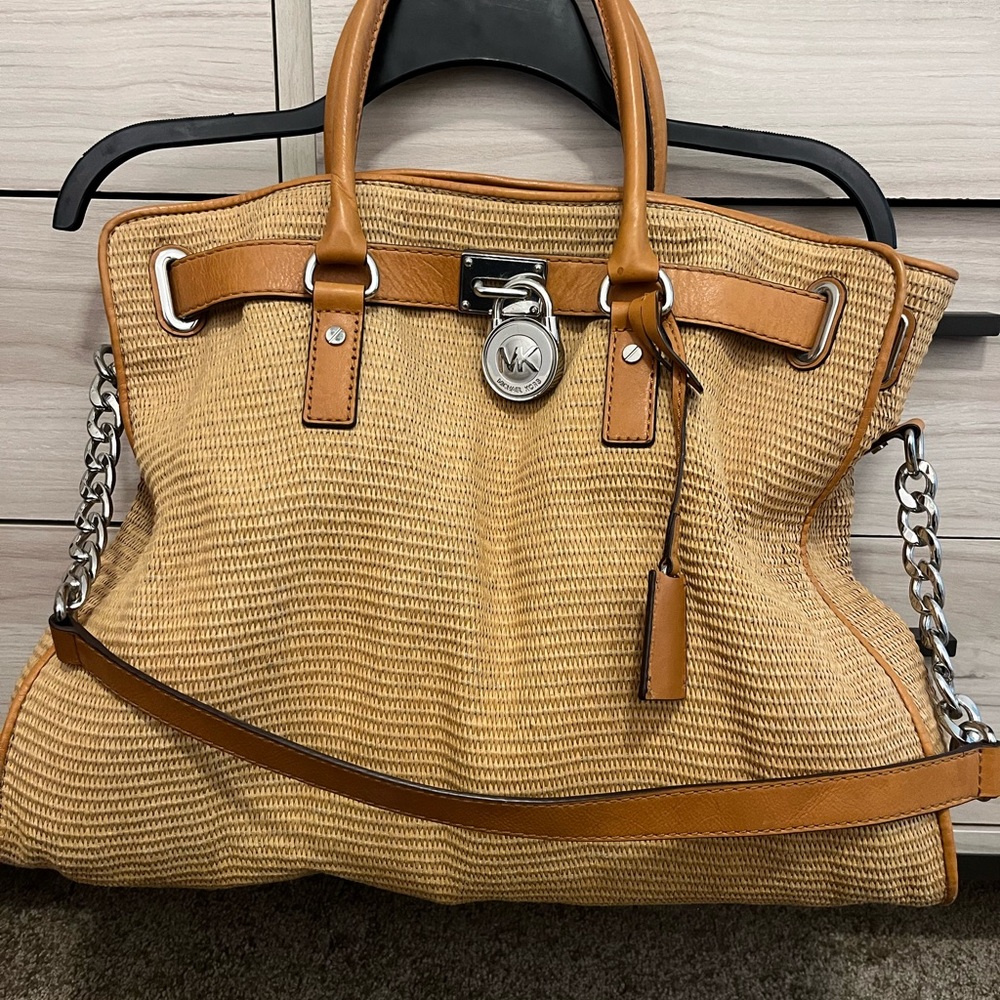 Vintage Michael Kors Large Hamilton Tan Woven Bag Purse Tote Silver hardware - Picture 15 of 15